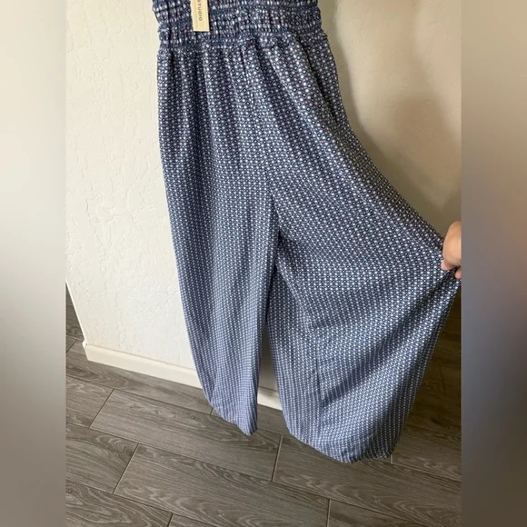 Max Studio|Blue Polka Dot Women's Wide leg jumpsuit w smocking•••NWT,Boho style - Picture 6 of 15